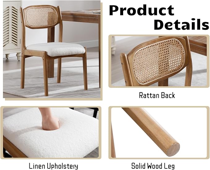 EALSON Farmhouse Rattan Dining Chairs Set of 6 Modern Mid Century Wood Dining Room Chairs with Cane Back Upholstered Sherpa Boucle Kitchen Side Chairs for Living Dining Room,Cream
