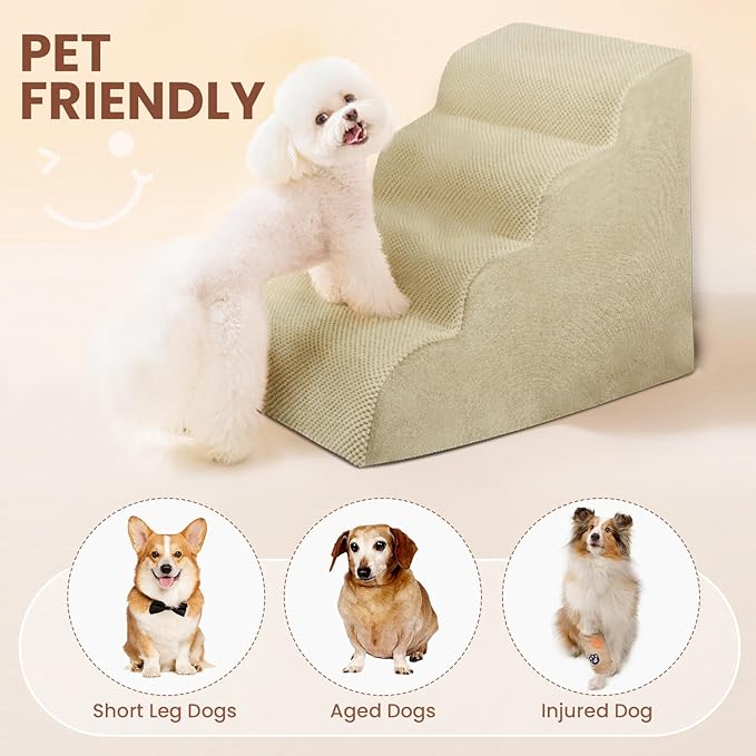 Dog Stairs for Small Dogs, High Density Foam Dog Steps, Extra Wide Non-Slip Pet Ramp for High Beds Or Couch, Soft Doggie Ladder for Dogs Injured, Older Pets, Small Cats, 3 Stpes,Camel