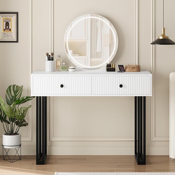 IDEALHOUSE Vanity Desk with Mirror and Lights, 49.2”H Makeup Vanity with 3 Color Lights and Adjustable Brightness, Bedroom Vanity Table with 2 Drawers, White