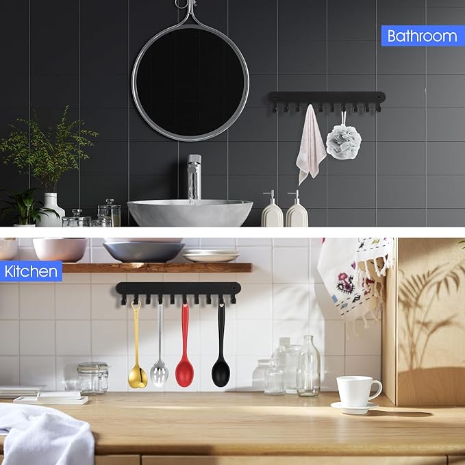 2 Pack Key Holder Wall Mount Adhesive, 10 Hooks for Keys on Wall, No Drill Keys Rack, Black Iron Key Hangers for Living Room, Kitchen, Bathroom, Garage (11.6 x 1.96 Inches)