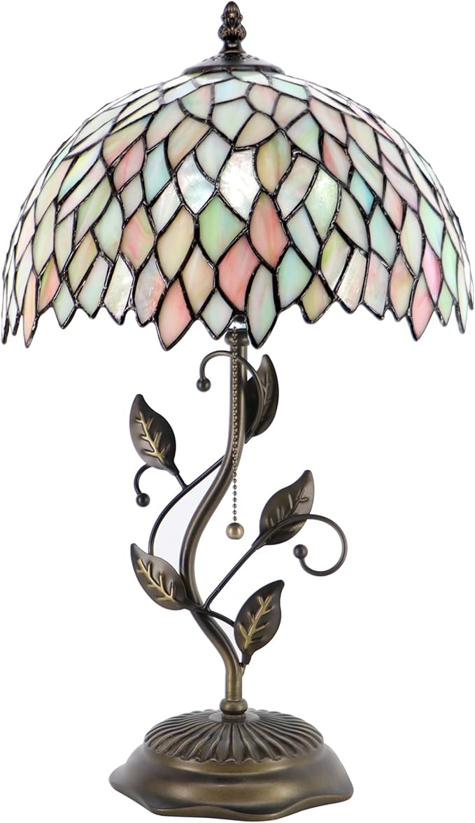 Tiffany Table Lamp, Stained Glass Style Desk Lamp, 12X12X19 Inch,Bedside Reading Light, Metal Leaf Base(Seven Color Wisteria Style