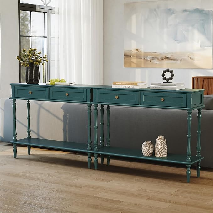 ARTPOWER Console Table for Entryway with 2 Drawers-Minimal Assembly,Green Retro Entryway Table with Storage Cabinets and Open Shelf,Narrow Long Couch Table Behind Sofa for Living Room,Foyer,Hallway