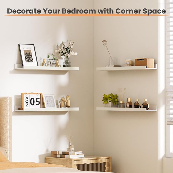 upsimples Floating Shelves for Wall, 23.6 Inch Shelves for Decor Storage Set of 6, Wall Mounted Wood Shelf for Bedroom, Living Room, Bathroom, Kitchen, Long Picture Ledge Shelves, White