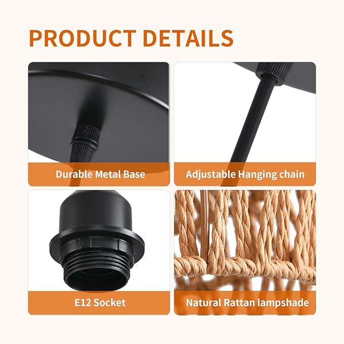 14''Natural Rattan Chandelier Small Rattan Pendant Light -Farmhouse Boho Hanging Light with Included E27 Bulb, 120V Wicker Chandelier for Dining Room Bedroom Living Room Island