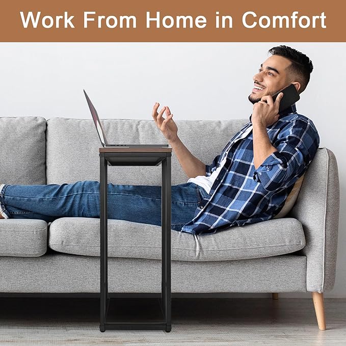 C-Shaped End Table, for Living Room, Bedroom, Small Spaces, TV Tray Couch Side Tables Laptop Table, Rustic Brown and Black