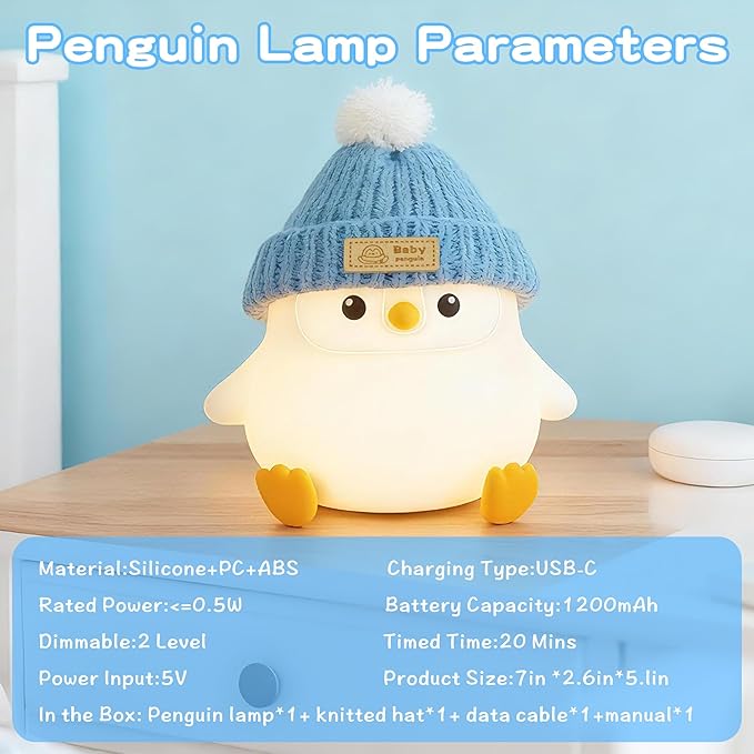 Penguin Lamp with Knit Hat,Adorable Penguin Night Light,Safe Soft Silicone,Dimmable Nursery Nightlight,LED Squishy Animal Lamp,Room Decor,White Elephant Gifts,Christmas Gifts for Kids /Boys Girls Baby