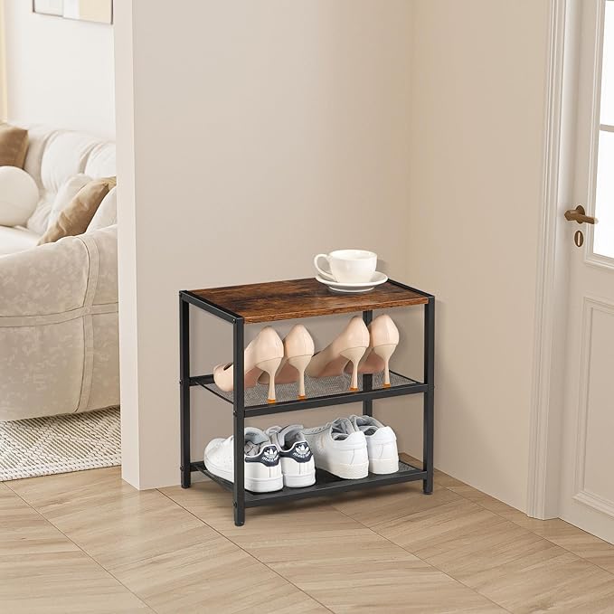 3-Tier Wooden Shoe Rack with Metal Mesh Shelves - for Entryway, Closet, Hallway & Bedroom Holds 6 Pairs, Ideal for Storage or Display