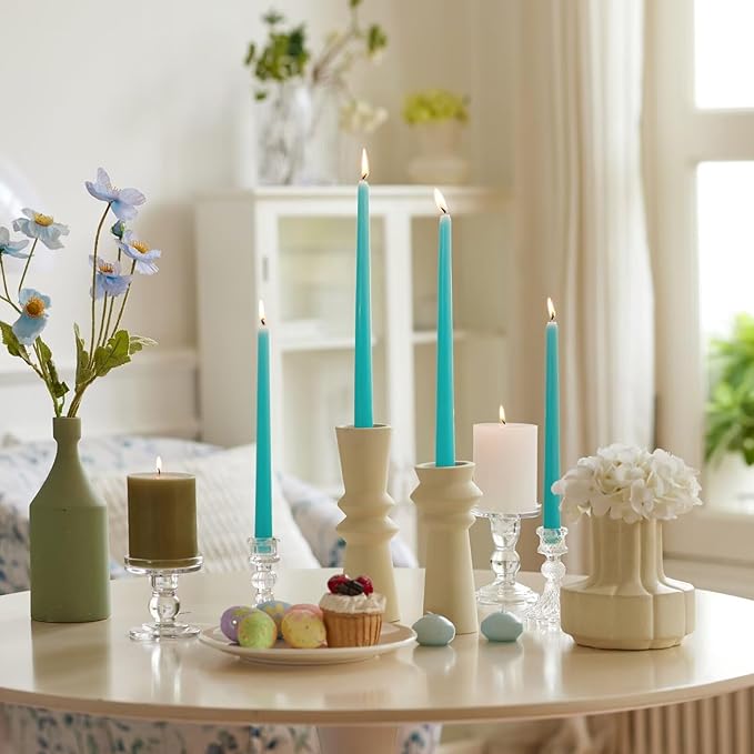 New Burning Formula Unscented Dripless 12-Inch Taper Candles Set of 12 - Turquoise, for Wedding, Dinner - Smokeless, Long Burning - Hand Poured, Colored Tall Candlesticks - Turquesa