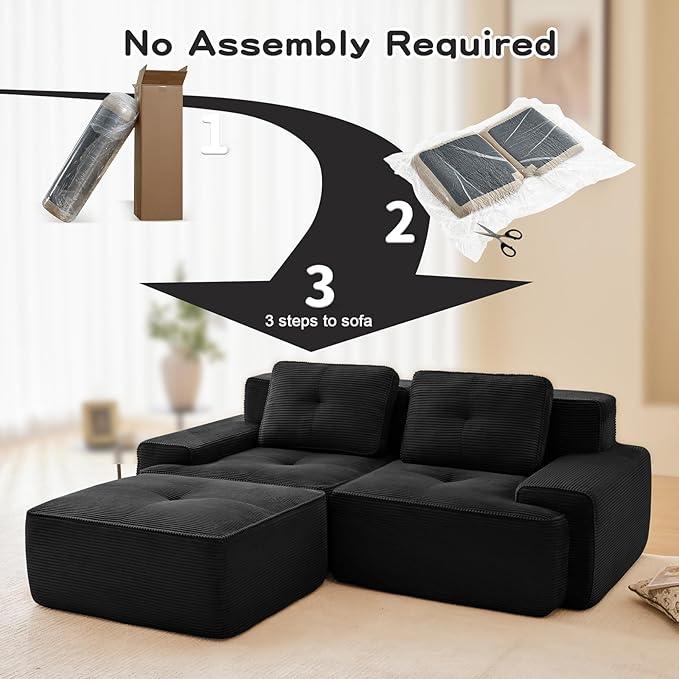 80" Modern Corduroy Boneless Love Seat Couches with 1 Ottoman, 2 Seater Large Sectional Couches for Living Room, Black Cloud Modular Sectional Sofa, Memory Foam, Extra Deep Loveseat, No Assembly