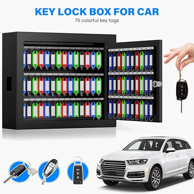 75 Keys Key Lock Box, Anti-Theft Key Cabinet with Key Tags, Key Organizer Wall Mount for Car Garage House Rental Office Business
