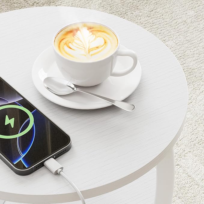 Round Side Table with Power Outlet & USB Ports, 3-Tier End Table with Storage Shelf, Modern Rustic Nightstand, Small Spaces Accent Table for Living Room Bedroom, Easy Assembly, White