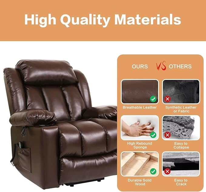 PARKOL Power Lift Recliner Chair for Elderly Breathable Leather Recliner Chair with Massage and Heat for People Limited Mobility (Brown, Small)