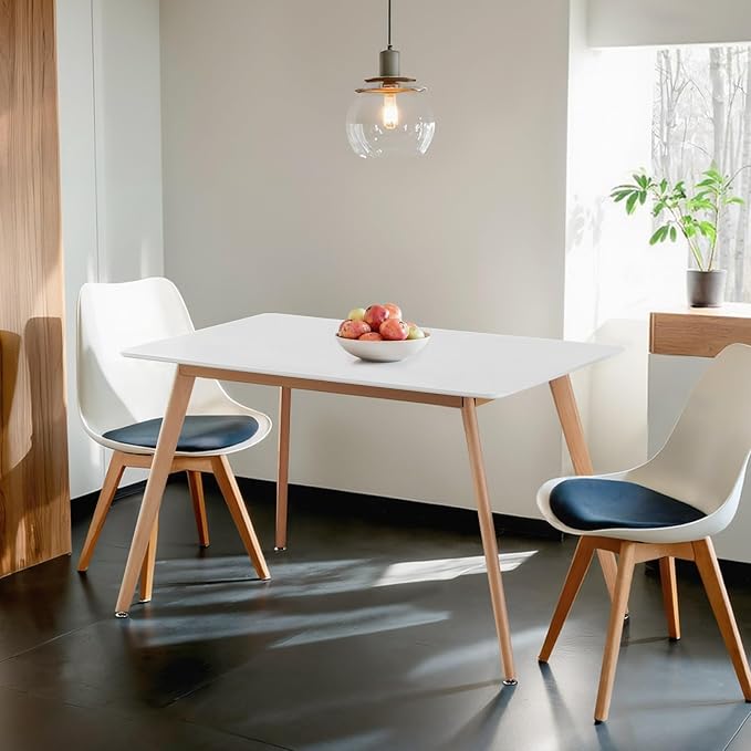 47.2" Rectangular Dining Table for 4-6 Person - White Modern Wooden Kitchen Table with Solid Wood Legs, Mid-Century Design for Dining Room, Living Room, and Kitchen
