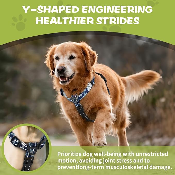 No-Pull Harness,Y-Shaped Design,Buckle-Neck Balance Harness with Reflective Stitching, Ideal for Dog Training and Night Walking, Padded Handle, Durable High-Tensile Nylon-Blue Camo-M