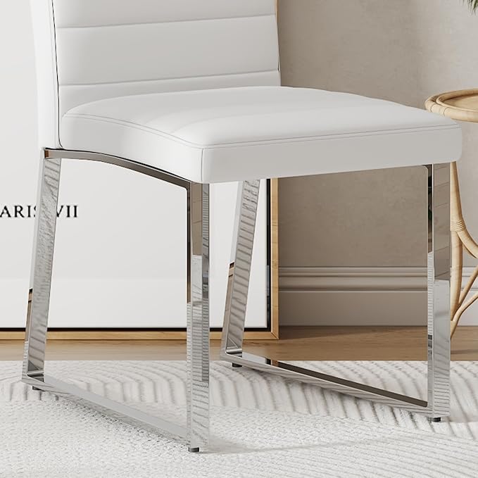 Modern Dining Chairs Set of 4, White Faux Leather Kitchen Chairs, Upholstered Armless Dining Room Chair with Gold Mental Legs Heavy Duty, Comfortable (White Chairs, Set of 6)