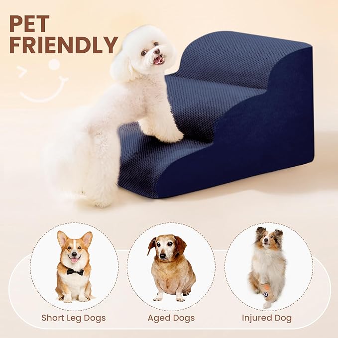 Dog Stairs for Small Dogs, 3 Tiers High Density Foam Dog Ramp, Extra Wide Non-Slip Pet Steps for High Beds Or Couch, Soft Foam Doggie Ladder for Dogs Injured, Older Pets, Small Cats