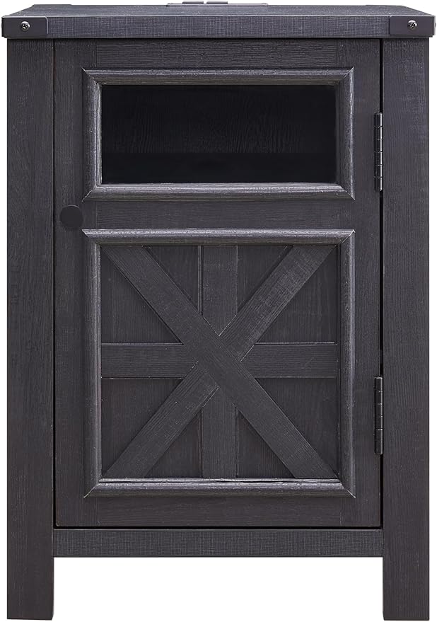 ACCOHOHO Farmhouse End Table with Charging Station,18'' Sofa Side Table,Nightstand with Barn Door,Bedside Table with Adjustable Shelf for Living Room, Bedroom, Office (Black)