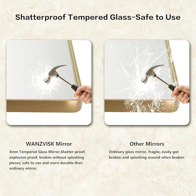 Gold Framed Mirrors for Bathroom,48 x 30 Inch Rounded Conner Rectangle Mirror for Wall, Matte Gold Vanity Mirror with Tempered Glass,Anti-Rust,Hangs Horizontally or Vertically