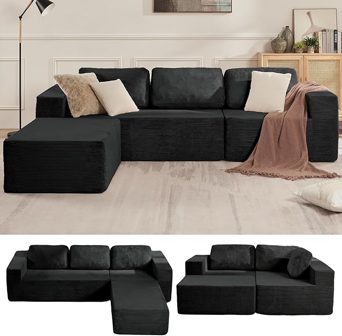Loveseat Sofa, Cloud Modular Sofa Couch, Upholstered Floor Sofa with Deep Seat, Upholstered Foam Couch for Bedroom Living Room, No Assembly Required (Corduroy Fabric, Black)