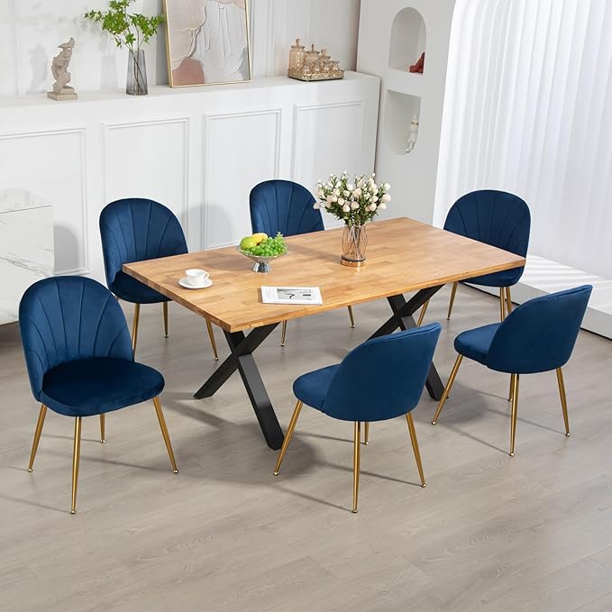 Velvet Dining Chairs Set of 6, Upholstered Mid Century Modern Dining Chairs, Armless Accent Chair with Metal Gold Legs for Living Room, Kitchen, Dining Room, Blue