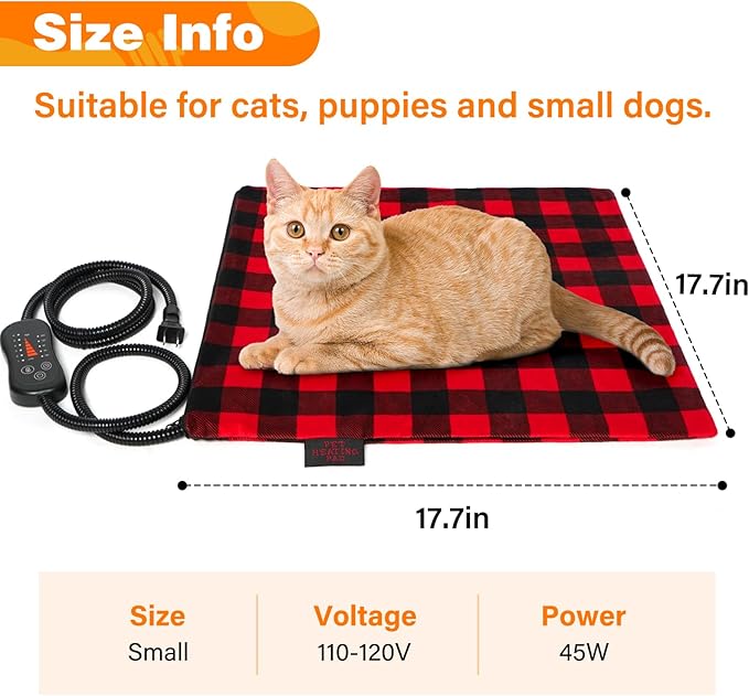 Pet Heating Pad, Adjustable Temperature Heated Cat Bed with Timer, Outdoor Waterproof Heated Dog Bed with Anti-Chew Cord, Overheat Protection Warming Mat for Cats and Puppies (S:17.7"x17.7")