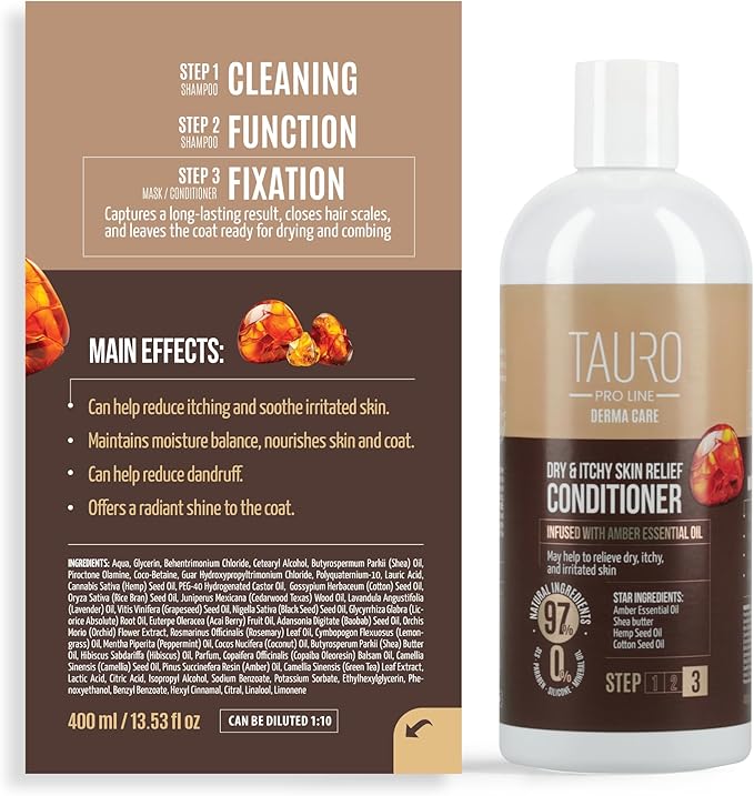 Tauro Pro Line Dog Conditioner for Allergies and Itching - Soothes & Hydrates Dry, Itchy, or Allergy-Prone Skin, Gentle Pet Conditioner for Dogs, Cat & Puppy (Derma Care 13.5 Fl Oz)