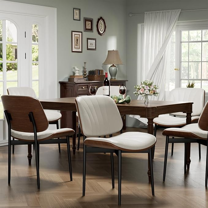 Dining Chairs Set of 2, Dining Room and Kitchen Chairs, Mid Century Modern Accent Chair, Upholstered PU Leather Chairs for Vanity with Walnut Bentwood and Metal Legs, Beige