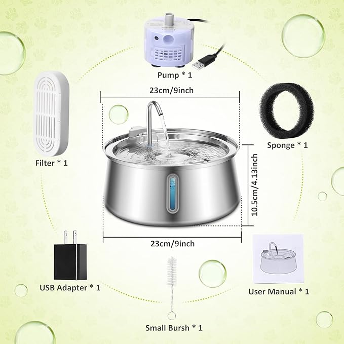 Cat Water Fountain Stainless Steel, 134oz/4L Automatic Pet Water Fountain with Water Level Window, Ultra Quiet Dog Water Dispenser with Filter and Sponge, Faucet Water Fountain for Cat, Dog