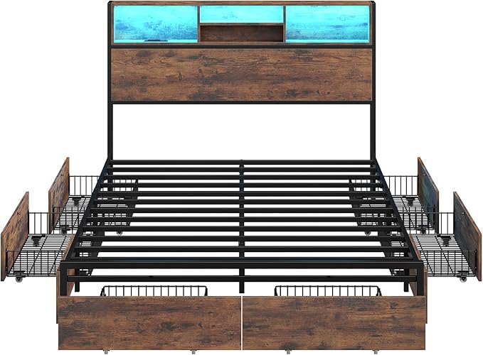 Full Size Bed Frame with LED Headboard & Charging Ports, Rustic Wood Platform Full Bed Frame, 6 Storage Drawers and Display Shelf, Heavy-Duty Metal Frame, No Box Spring Needed, Brown