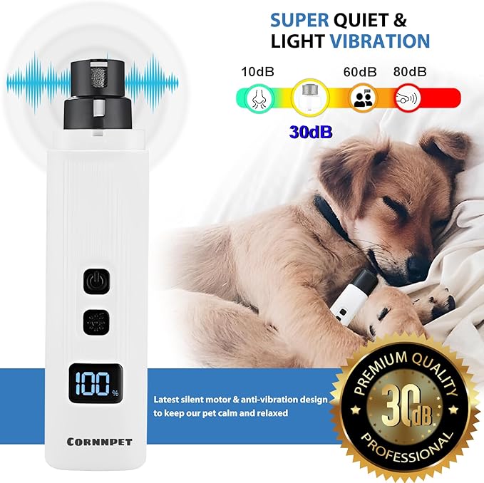 Dog Nail Grinder - 2 Speed Super Quiet and Low Vibration Electric Pet Nail Grinder - Rechargeable Dog Nail Trimmers for Small Dogs- Cat Nail Claw Clippers with 2 Level LED Lighting(White)