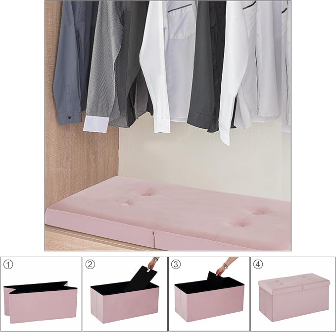 CAROLMADE 30 Inches Storage Ottoman Bench with Flipping Lid, Velvet Foldable Storage Footrest, Ottoman with Storage for Living Room Holds up to 330lbs, Pink