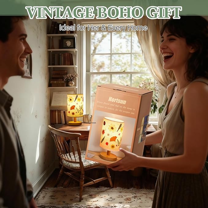 Hortsun Pressed Flower Lamp Vintage Table Small Lamp Cottagecore Decor Boho Night Light Decorative Rustic Night Light for Bedroom, Living Room or Office, Christmas Gift for Women(Modern Style)