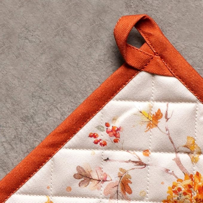 Maison d' Hermine 100% Cotton Oven Mitt & Pot Holder Set (7.5"x13" & 8"x8") Heat Resistant BBQ Cooking Gloves with Loop for Thanksgiving Christmas Decorations Handling Hot Pans (Kelim - Prairie)