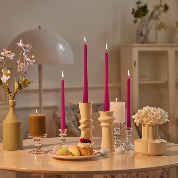 New Burning Formula Unscented Dripless 12-Inch Taper Candles Set of 12 - Hot Pink, for Wedding, Dinner - Smokeless, Long Burning - Hand Poured, Colored Tall Candlesticks - Rosa Intenso