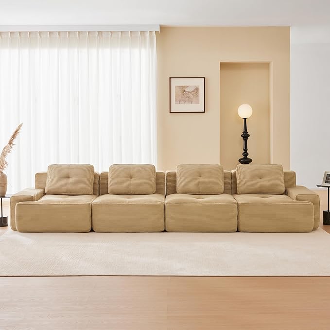 150.4'' Sectional Sofa, 32D Foam Corduroy Boneless Couch with Pillow, Deep Seat Wide Arm Sectional Couch for Apartment, Living Room, Bedroom