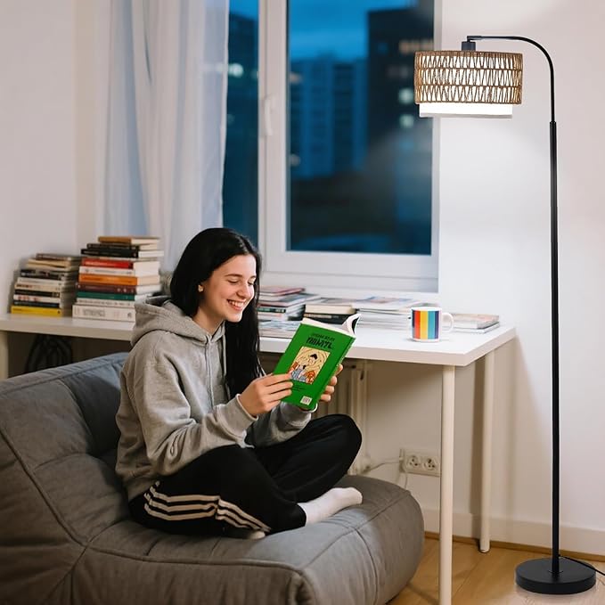 Arc Floor Lamp for Living Room,Boho Standing Lamp with Rattan & Fabric Shades,Farmhouse Floor Lamps with Foot Switch,Adjustable Tall Lamp for Bedroom, Office,LED Bulb Included