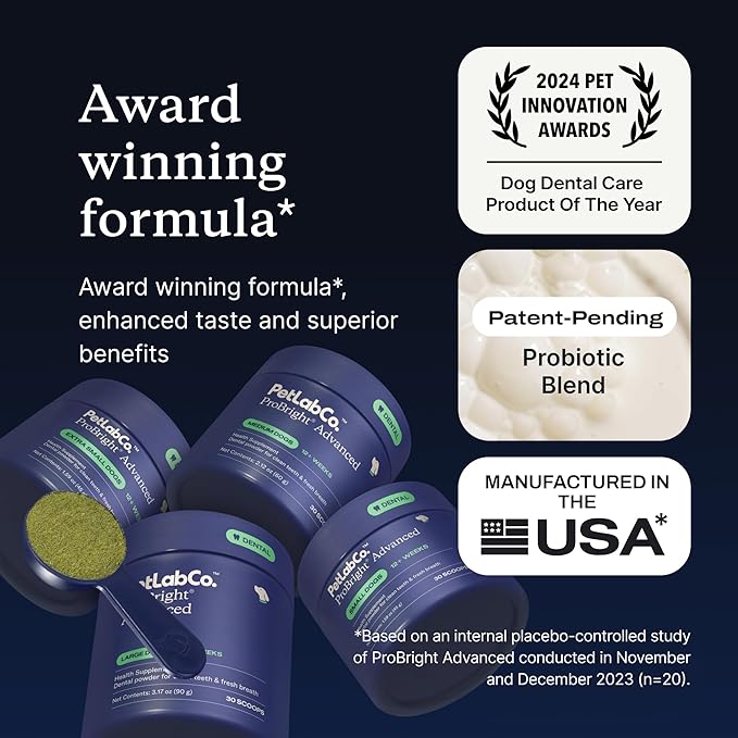 PetLab Co. ProBright Advanced Dental Powder - Dog Breath Freshener - Teeth Cleaning Made Easy – Targets Tartar & Bad Breath - Packaging May Vary - Formulated for Large Dogs