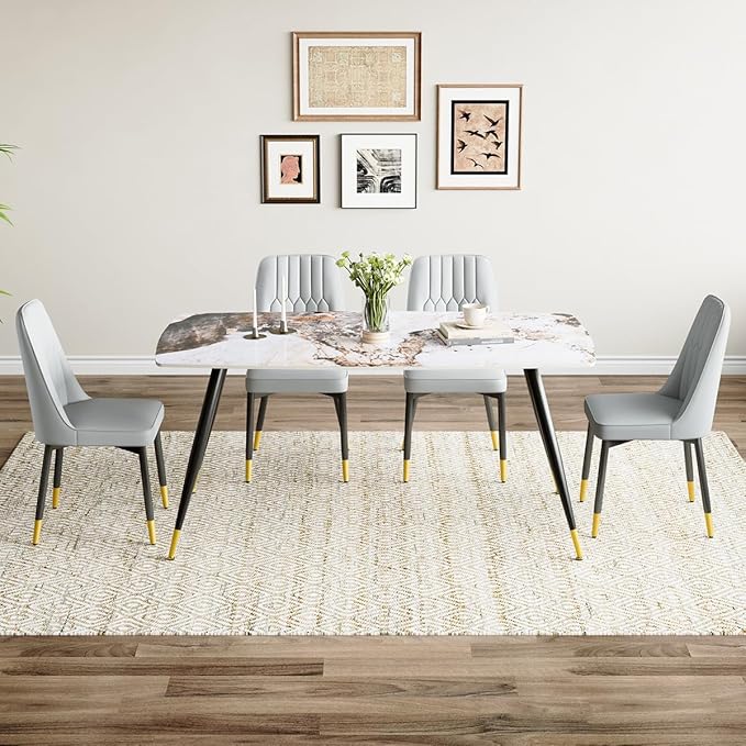 Modern Dining Table Set for 4, 62'' Sintered Stone Dining Table Set for 4, 4 Chair Kitchen Table Set, Easy to Assemble