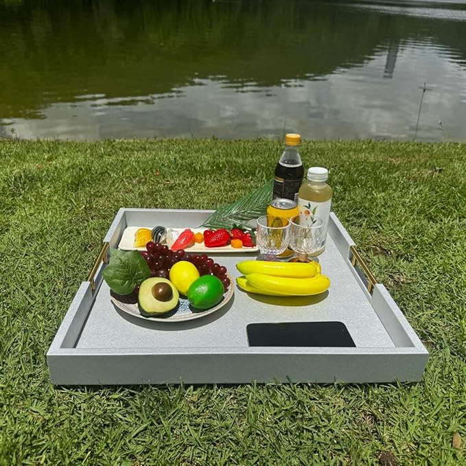 20x20 Inches Large Silver Faux Leather Wrapped Wood Ottoman Tray with Handles for All Occasions, Serving Food Breakfast On Bed, Home Decor Decorative, Living Room,Square Coffee Table Organizer