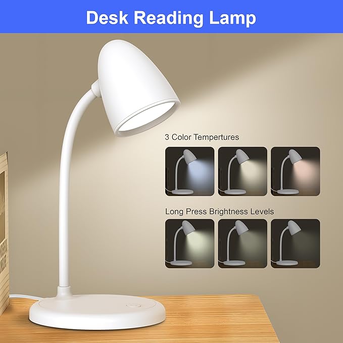 LED Desk Lamp for Home Office,3 Light Colors,Table Lamp,Dimmable Reading Light for Bedside Small Desk Lamp for College Dorm Room,Bedroom Desk Light,White