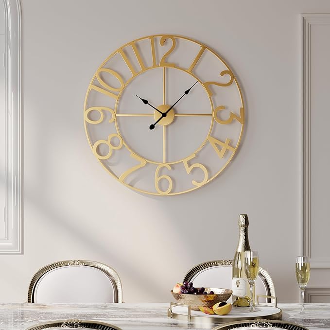 Gold Wall Clock 16 Inch, Decorative Wall Clocks Battery-Operated, Modern Metal Round Clock Silent Non Ticking Arabic Numerals for Living Room Kitchen Mantel Bedroom Office, Gold Wall Decor
