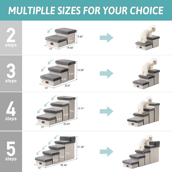 Pet Stair for Small Dogs with Storage, Foldable Dog Ramp with Soft Cover, Older Cat Steps for Chair Couch Sofa, Lightweight, Comfort, 19.7x13x9.6 inch, 2 Tiers, Grey