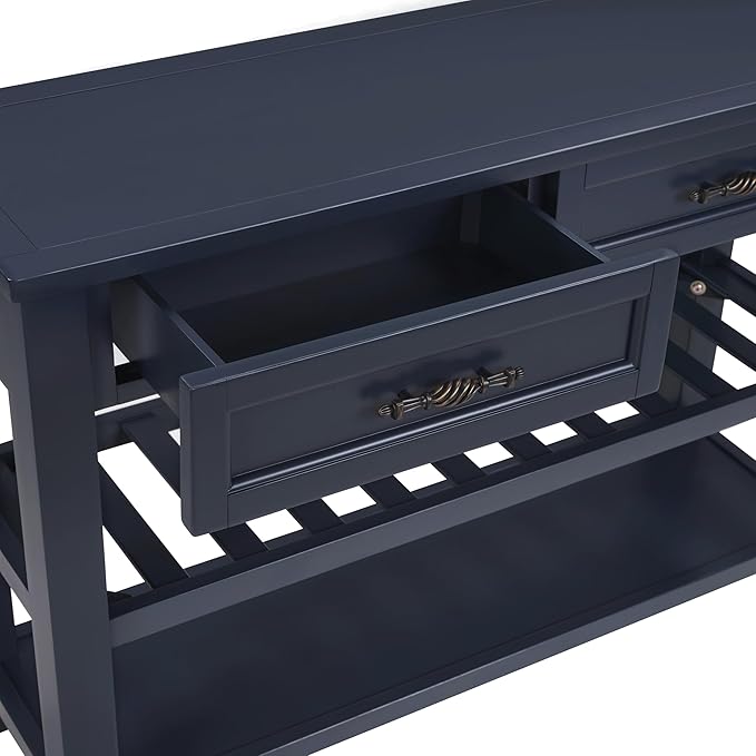 Retro Design Console Table with Two Open Shelves, Pine Solid Wood Frame and Legs for Living Room