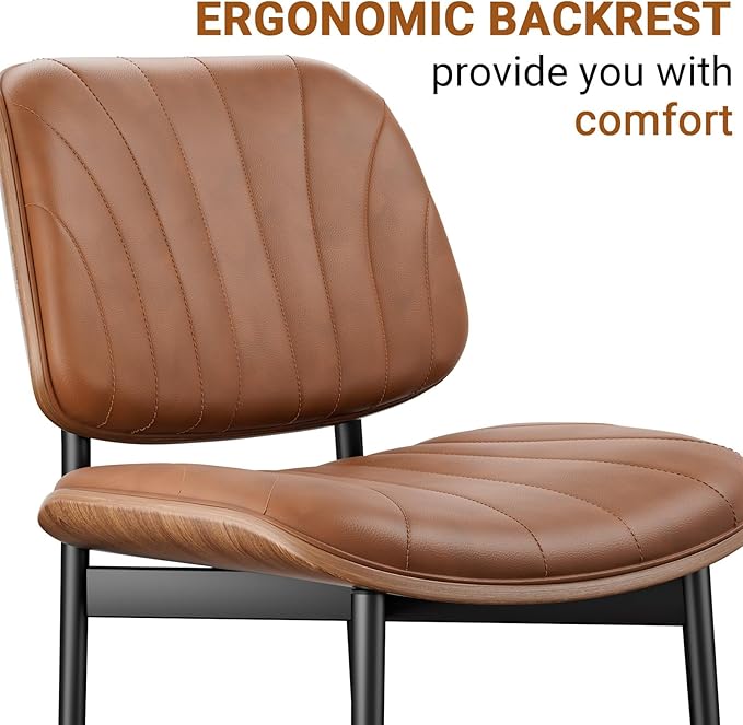 Dining Chairs Set of 6, Mid-Century Modern Upholstered PU Leather Chairs with Walnut Bentwood Back and Metal Legs Adjustable Feet for Kitchen Dining Room, Camel Shell Strips