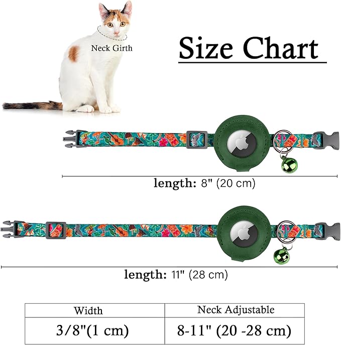 Airtag Cat Collar with Bell - Non Breakaway Soft Pet Collar with Leather Air Tag Holder - Adjustable GPS Anti-Lost Collars for Girl Boy Cats Kitten Puppies, Lightweight and Patterned (Hawaii)