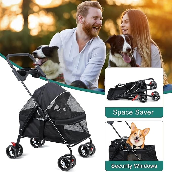 Pet Stroller,4 Wheels Outdoor Travel Pet Folding Stroller,Cat Strollers w/Removable Carrier,Dog Cat Cage Strollers with Cup Holder,Breathable and Visible Mesh for Medium Small Dog 1 Set