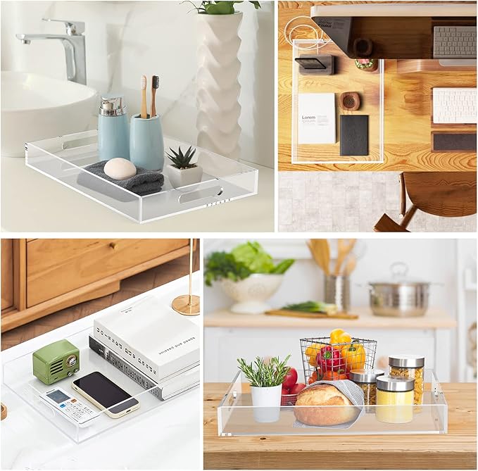 Acrylic Serving Trays with Handles, 16"x 12" Rectangle Sturdy Breakfast Tray, Clear Decorative Trays Organiser for Bedroom, Kitchen, Living Room, Bathroom, Hospital and Outdoors