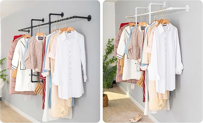 Industrial Clothing Racks Garment Racks, Wall Mounted Pipes Clothes Racks with Four Hanging Rods, Heavy Duty Garment Racks, Industrial Steampunk Closet Organizer Hall Tree (Metal Pipes-White)