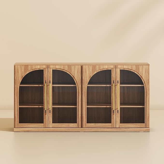 BELLEZE 65" Arched Sideboard with Glass Door, Accent Buffet Cabinet with Storage and Adjustable Shelves, Classic Modern Large Console Table for Dining Room Living Room Entryway (Camel)