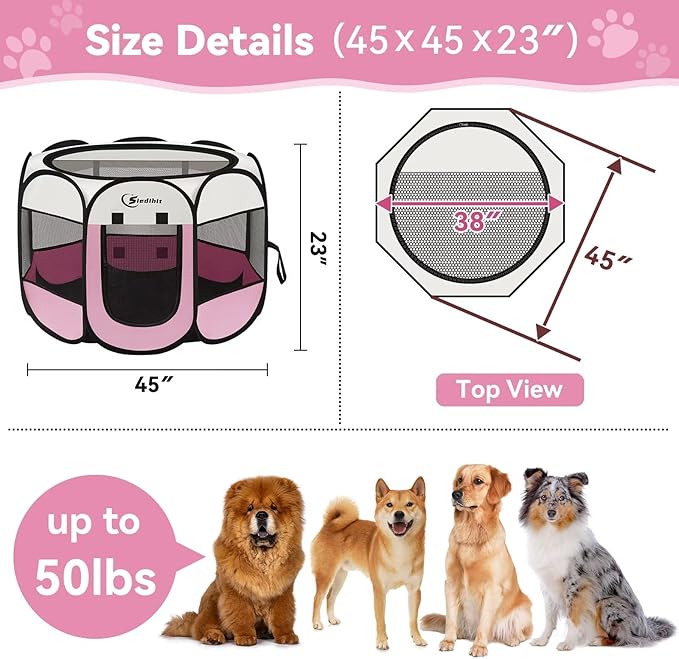 Pink Puppy Playpen for Large Dog Cat, Dog Tent Crates Cage Indoor/Outdoor, Portable Pop Up Dog Kennel with Carrying Bag for Rabbits, Removable Top (Pink, Large (45" x 45" x 23"))